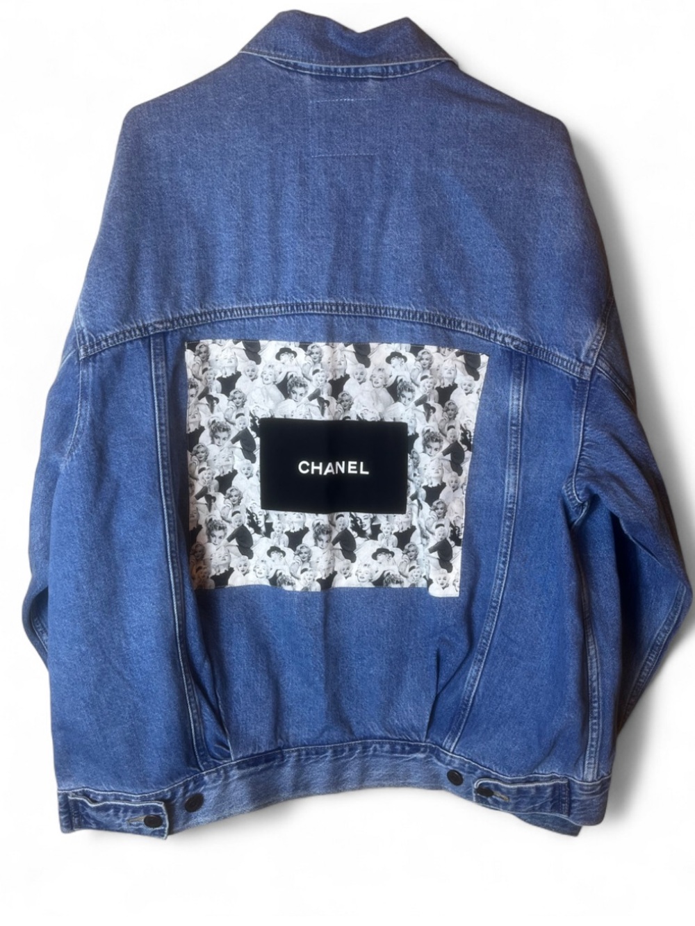 Custom Levi’s Medium Wash Oversized Denim Jacket with Marilyn Monroe Patchwork